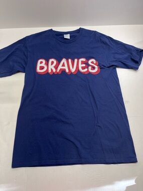 Navy 'BRAVES' Short Sleeve Tee - Classic Team Graphic Y2K Medium Unisex